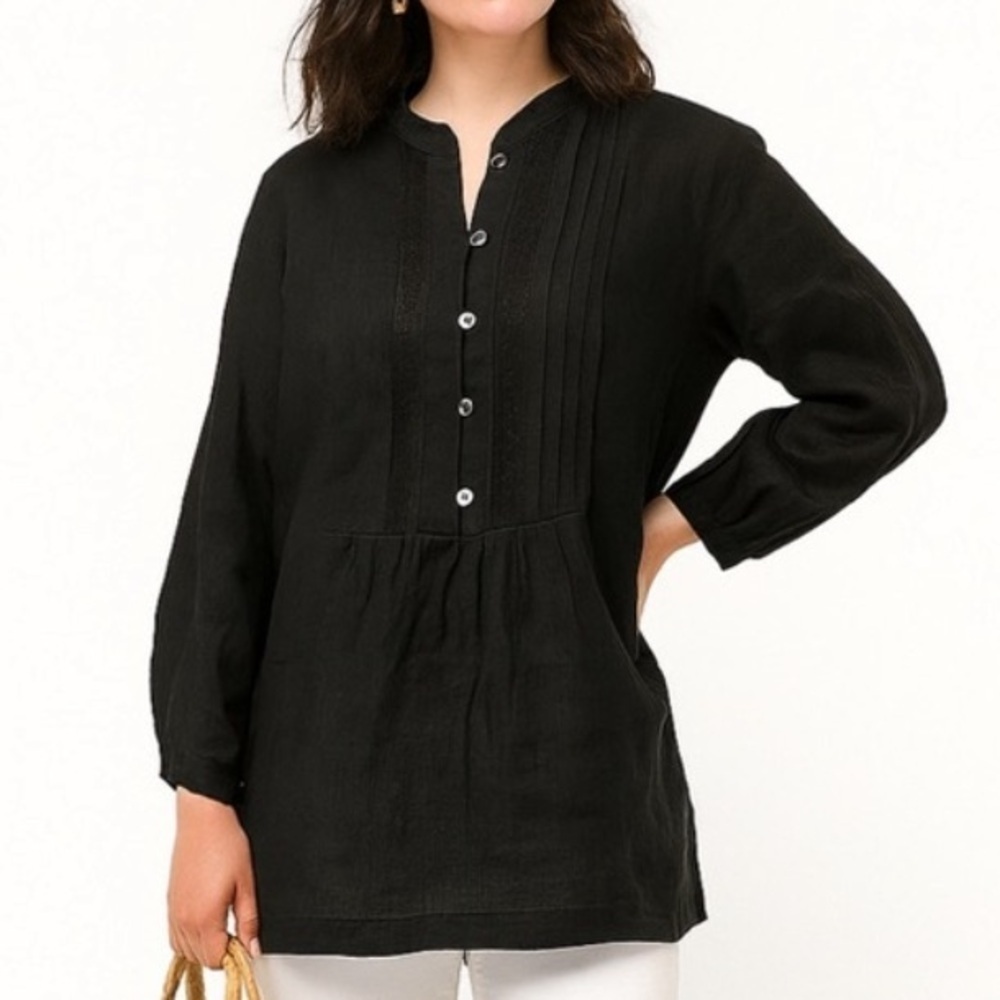 Worth black linen tunic pintuck sequins balloon sleeve excellent Size XL